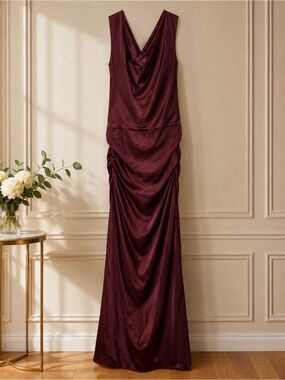 Draped Sleeveless Evening Gown in Deep Wine